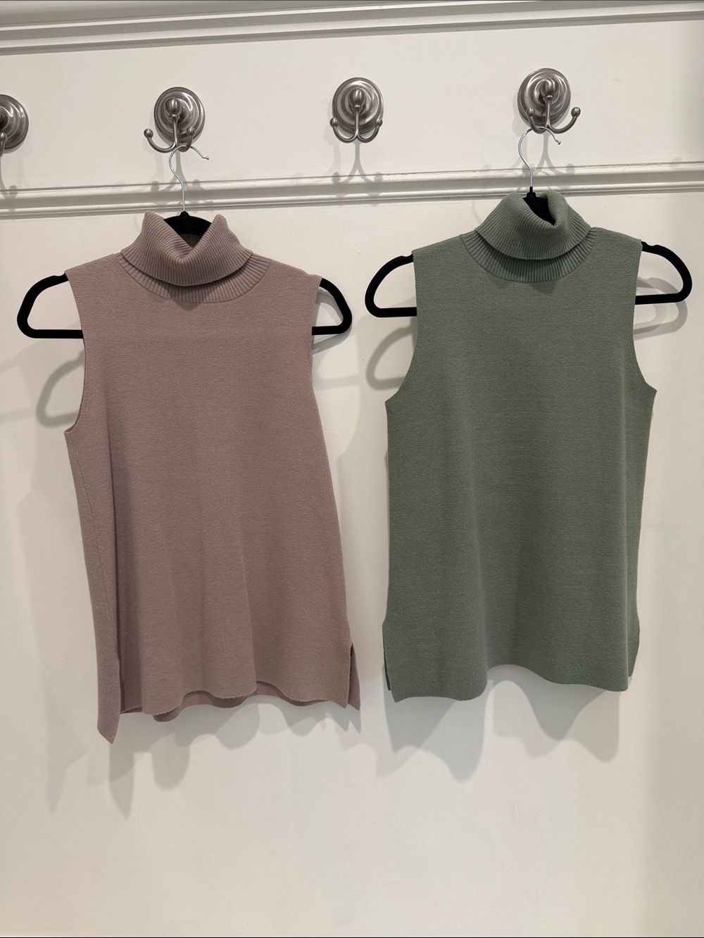 Two Sleeveless Turtleneck Knit Tunic Tanks in Taupe and Sage